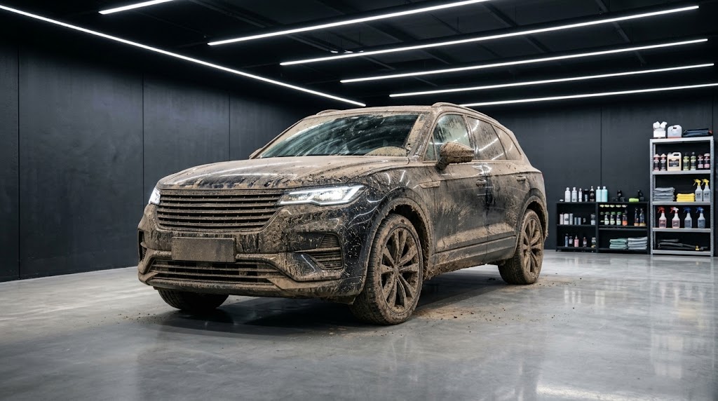 Verschlammter SUV im Aufbereitungsstudio